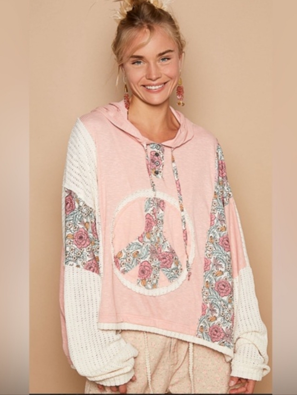 POL Patchwork Peace Sign Pink Floral Crochet Hoodie